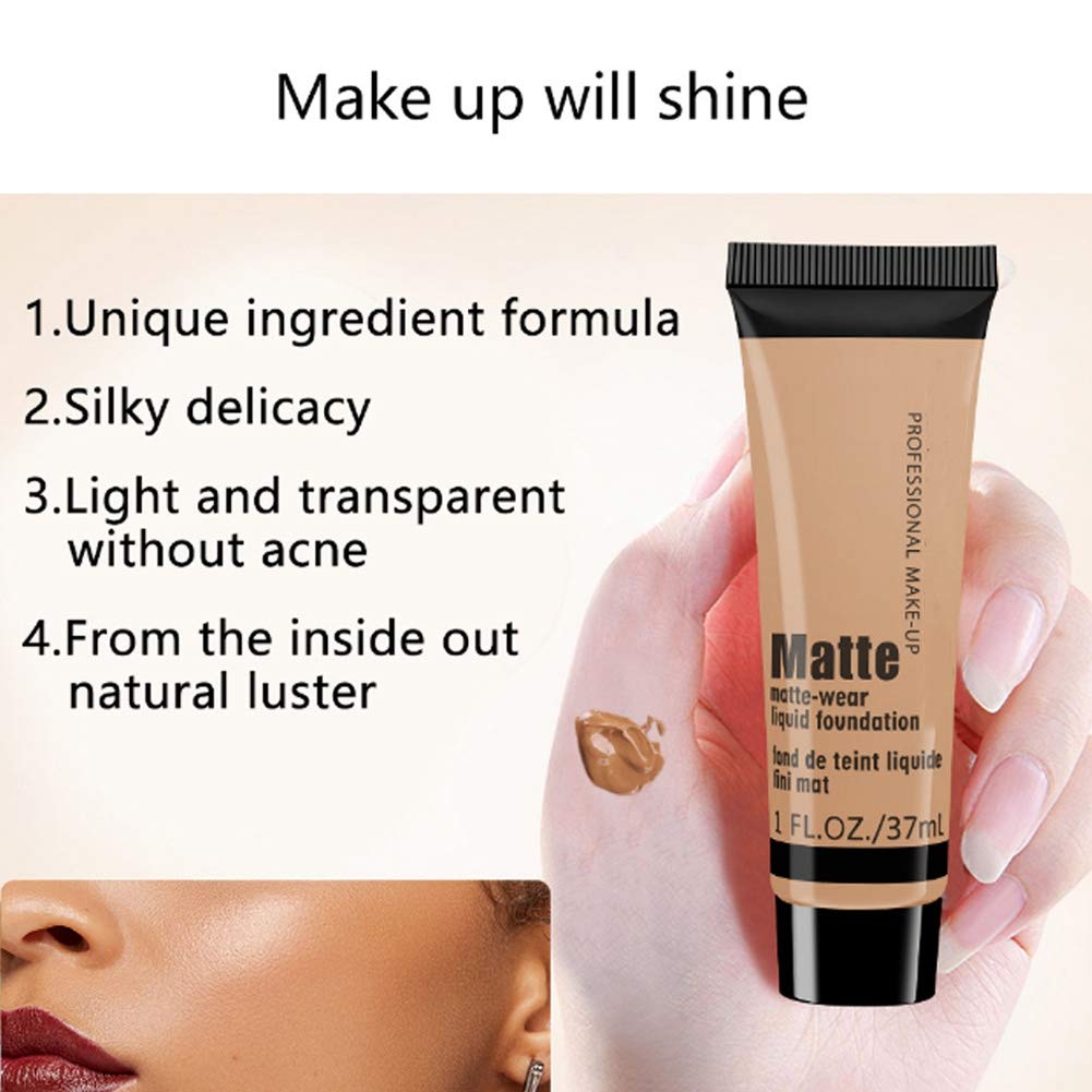 Matte + Liquid Foundation Makeup, 37ml Moisturizing Concealer Liquid Foundation Makeup Oil Control Face Foundation for Dark Skin