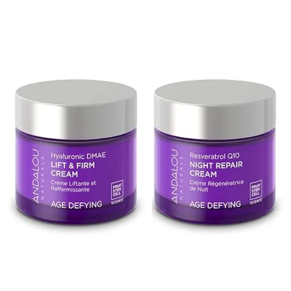 Andalou Naturals Resveratrol Q10 Night Repair Cream 1.7oz & Hyaluronic Dmae Lift Firm Skin Cream 1.7oz Hydrating, Helps Reduce Fine Lines and Wrinkles Value Bundle