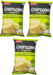 Chheda's Chipsona Sour Cream & Onion Potato Chips| Crispy & Crunchy Snack | 100% Vegetarian | Party & Travel Snacks - 90g  3 Pack