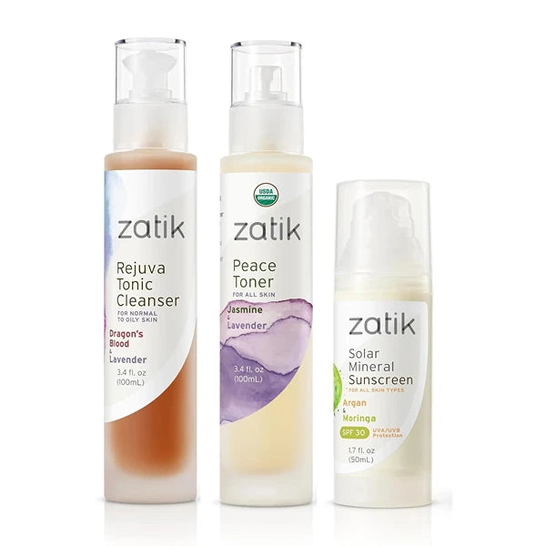Zatik Naturals - Acne Skin Combo Set with Rejuva Tonic Cleanser (100ml), Peace Toner (100ml) and Solar Mineral Sunscreen (50ml)