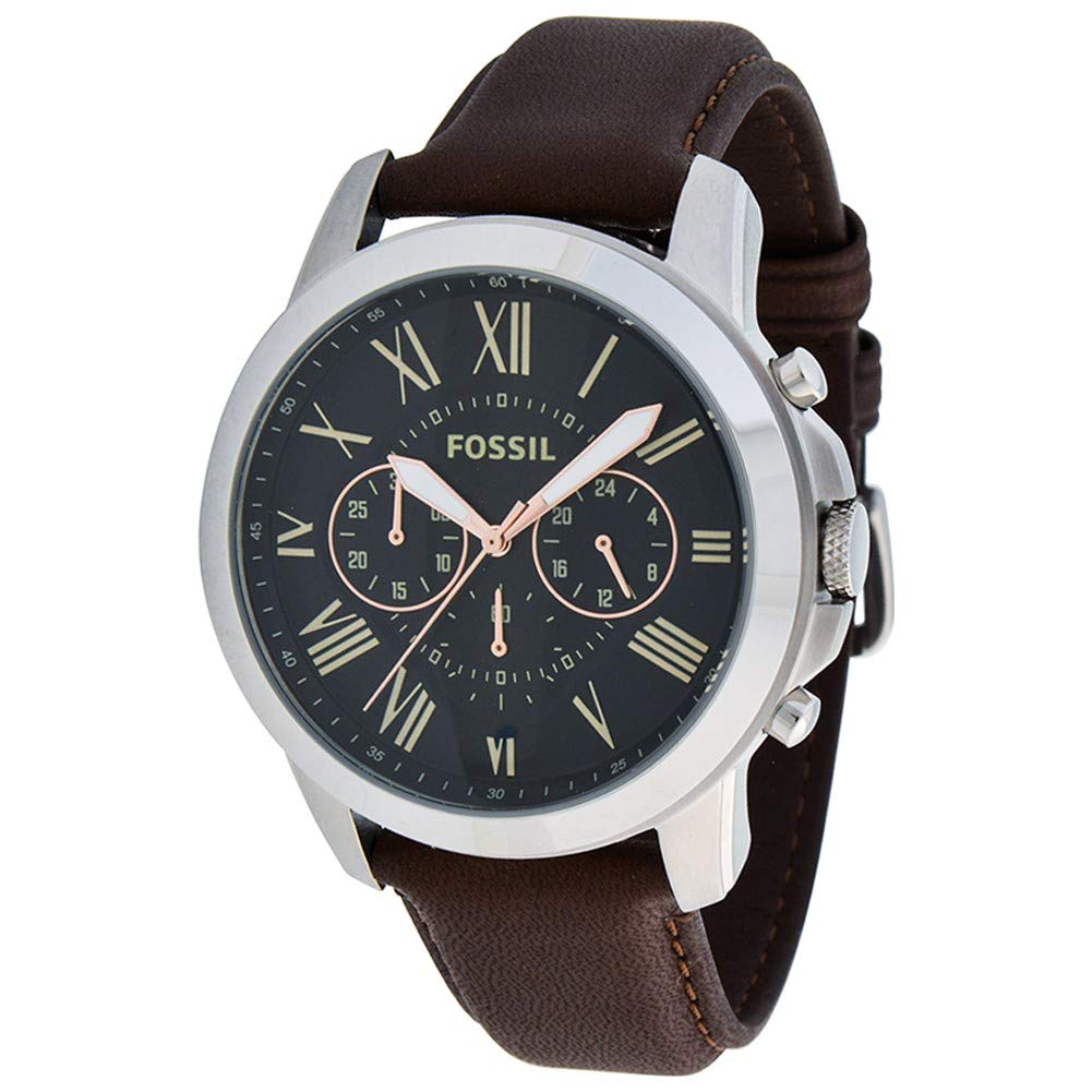 Fossil mens quartz watch, black chronograph display and leather strap - fs4813ie , brown