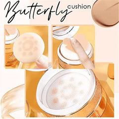 Butterfly Cushion BB Cream,Air Cushion CC Cream BB Cream,Moisturizing Concealer,Bright Makeup Base Long Lasting with Butterfly Makeup Sponge,Makeup Base Primer BB Liquid Foundation (Lvory White)
