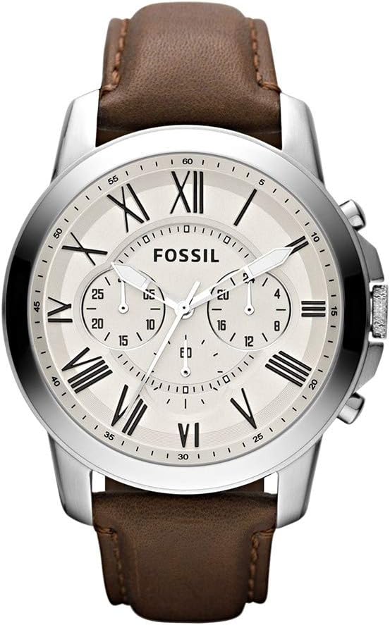 Fossil Leather Mens Quartz Watch Brown & White