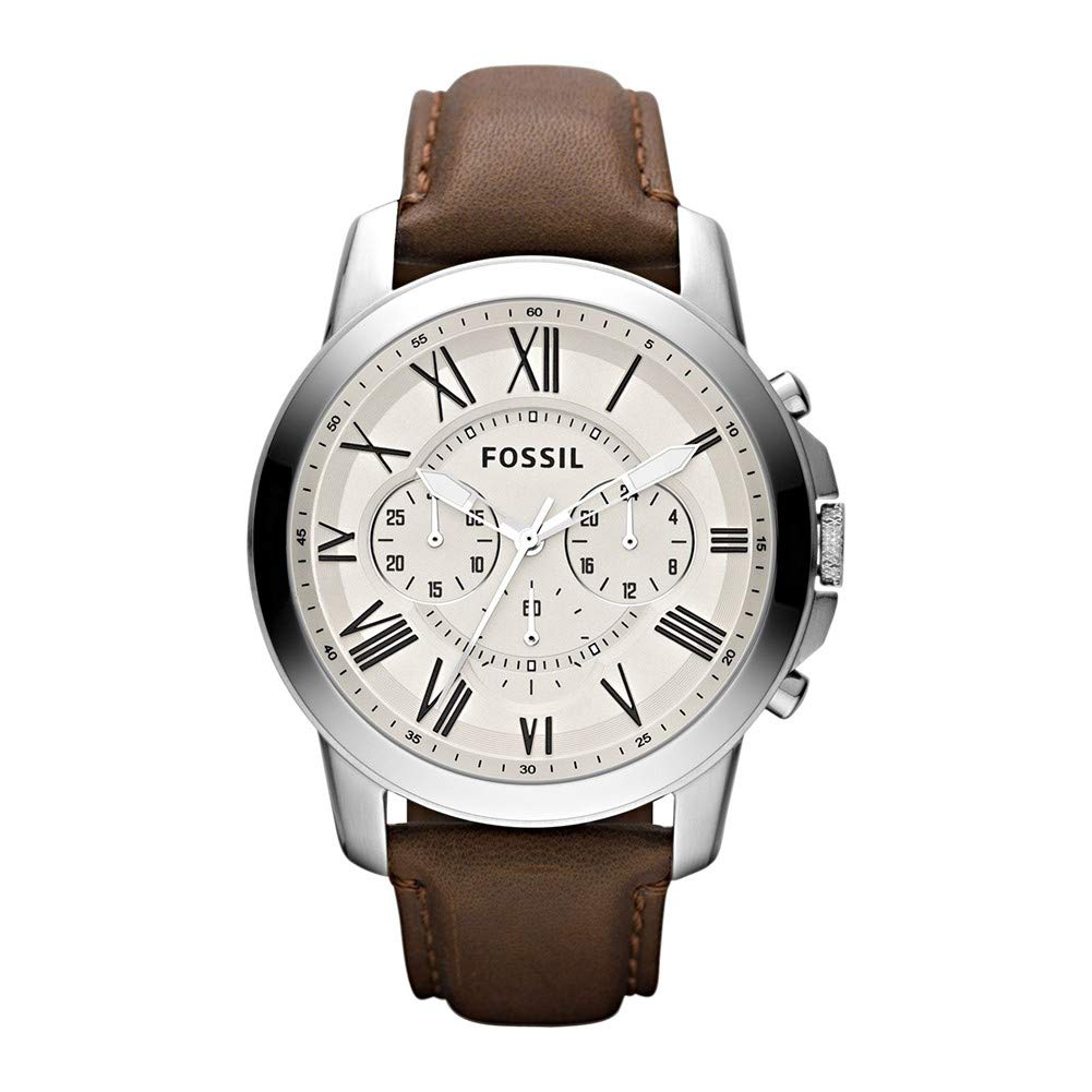 Fossil Leather Mens Quartz Watch Brown & White