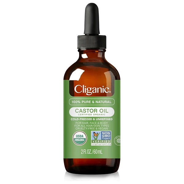 Cliganic Organic Castor Oil, 100% Pure (2oz Glass Bottle with Eyelash Kit) - For Eyelashes, Eyebrows, Hair & Skin
