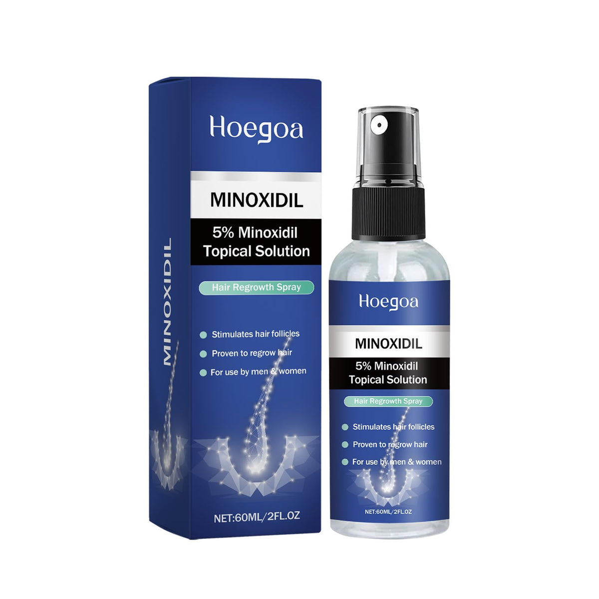 Hoegoa 5% Minoxidil Spray for Men and Women Hair Growth – Hair Regrowth Serum with Ginger, Safflower and Black Sesame, Stop Hair Thinning and Hair Loss for Stronger Thicker Longer Hair, 60ml