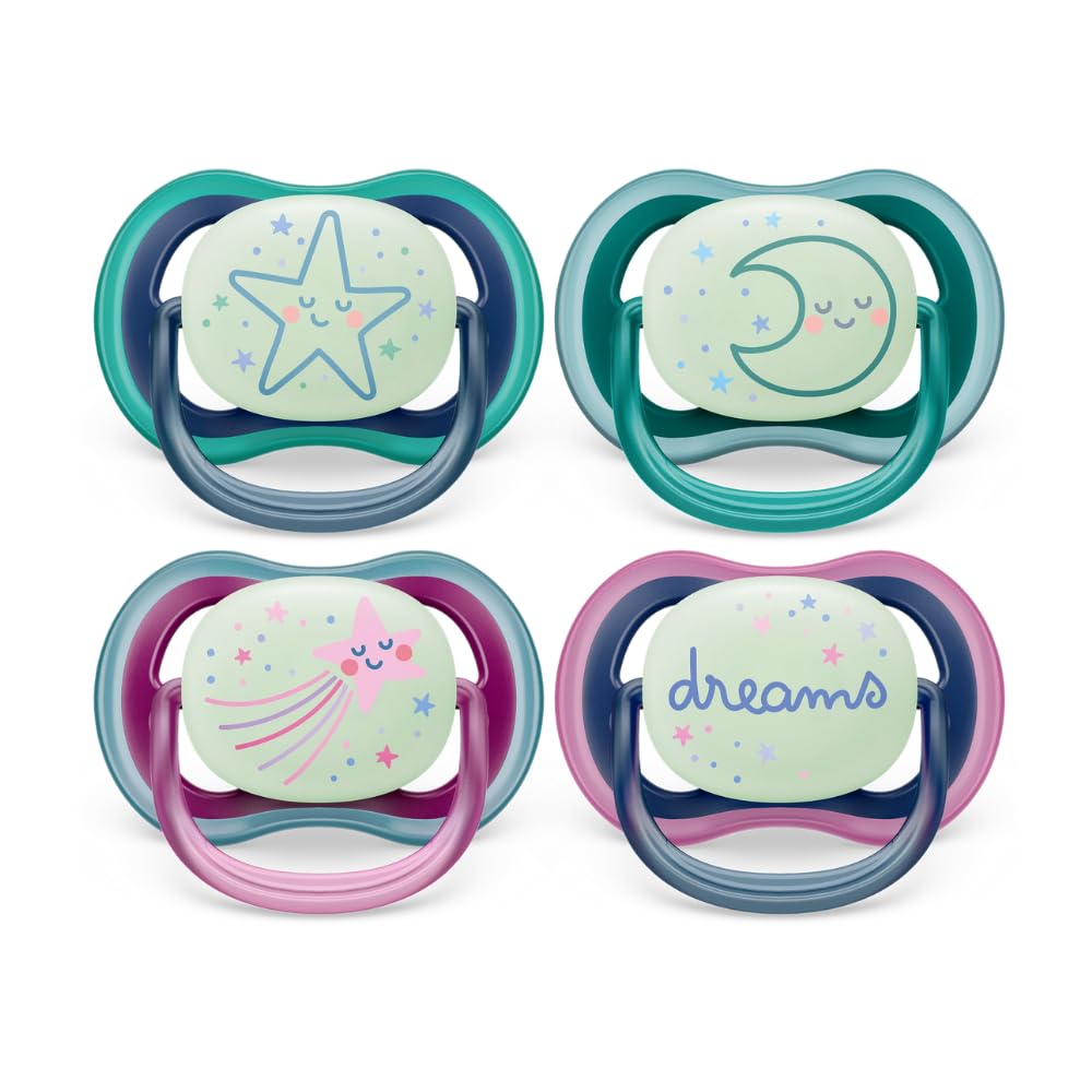 Philips Avent Ultra Air Nighttime Soothers - Pack of 2, BPA-Free, Breathable, Glow in the Dark Dummy for Babies from 6-18 Months, Includes Transport and Sterilisation Box, Stars/Moon