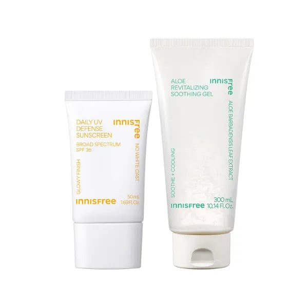 Innisfree Daily UV Defense SPF 36 Bundle: Revitalizing Sunscreen & Soothing Aloe Gel, Hydrating Korean Protection, Invisible Glow for Sensitive Skin