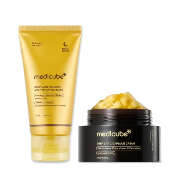 medicube Glass Skin Refining Duo at Night, Deep Vitamin C Golden Capsule Face Moisturizer and Turmeric Overnight Wrapping Peel Off Mask 2.0