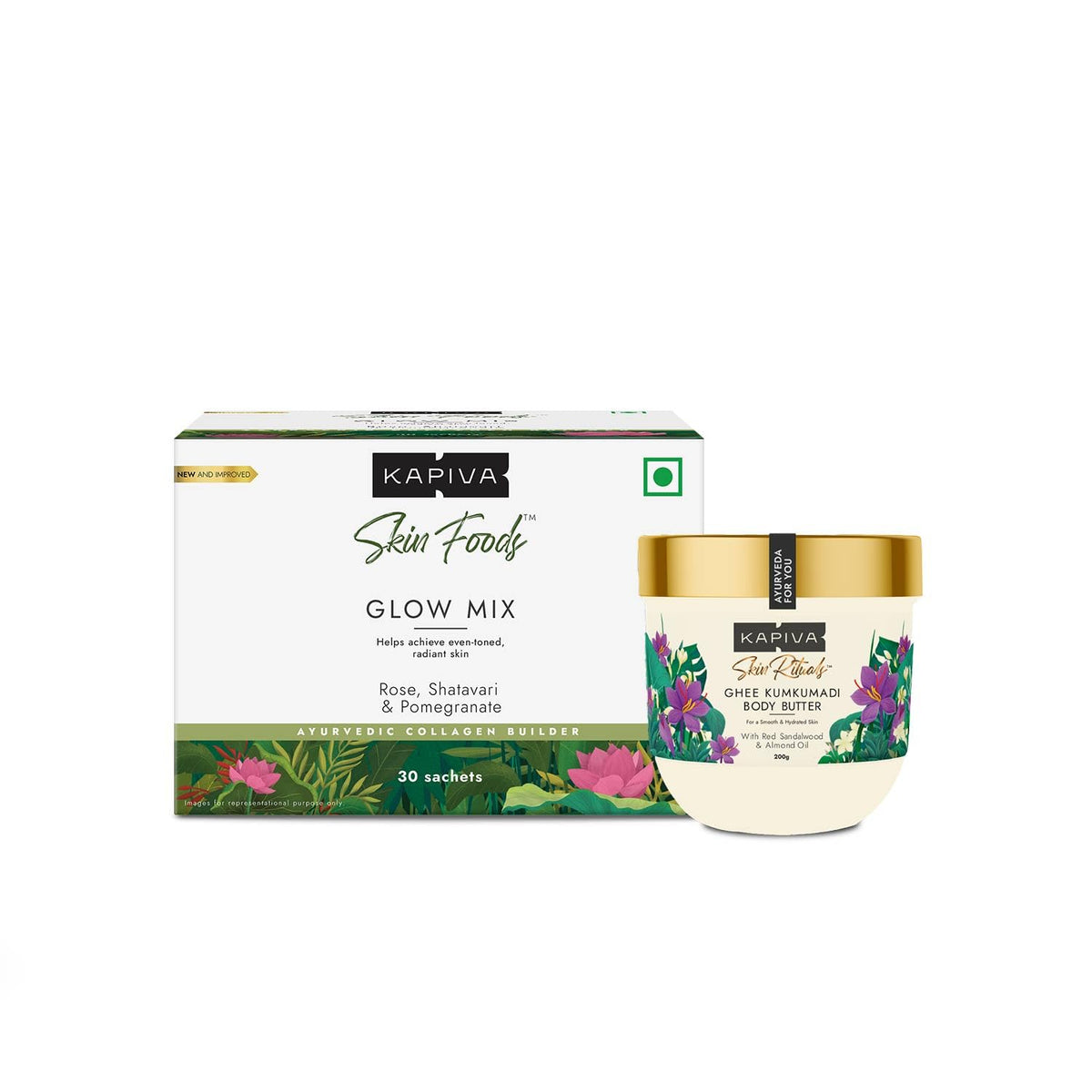 Kapiva Glow Mix Skin Foods Glow Mix Collagen Builder (30 Sachets) + Ghee Kumkumadi Body Butter (200 G) 100 Times Washed Ghee For 24 Hours Moisturization Ayurvedic Powder