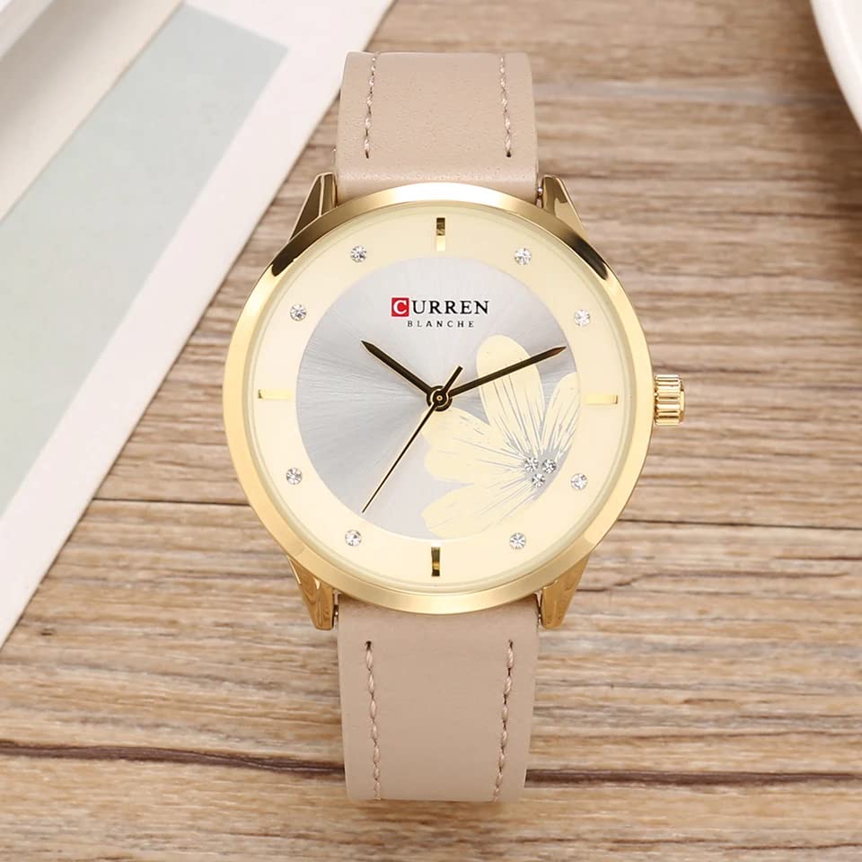 CURREN 9048 Top Brand Women Watch Quartz Watch Flower Pattern Dial Leather Strap Fashion Ladies Wristwatch - Camel