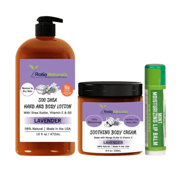 RaGaNaturals Lavender Shea Butter Hand & Body Lotion, 16 Oz, Lavender Body Cream and Mint Lip Balm – Deep Moisturizing with Argan & Avocado Oils, Vegan & Plant-Based for Dry Skin