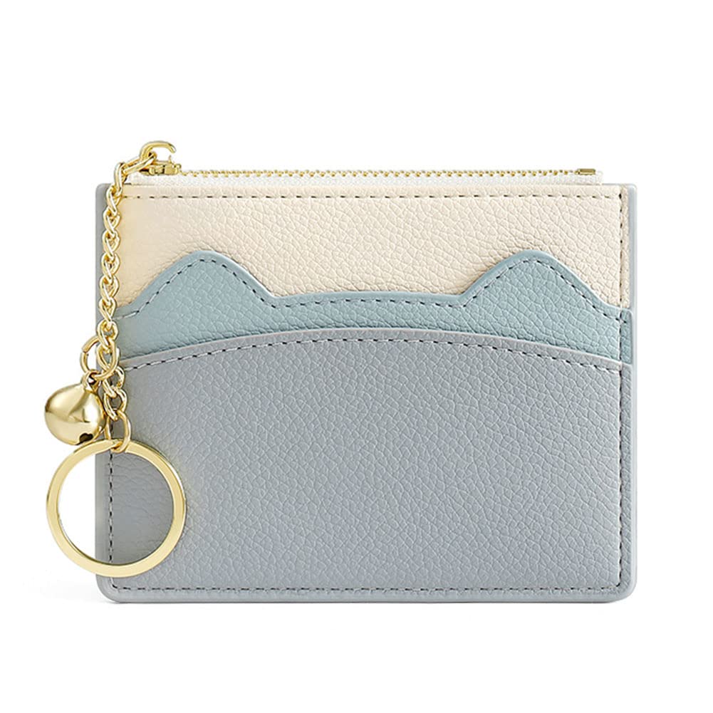 Valentoria Slim RFID Blocking Card Holder Small Pocket Wallet Keychian Zipper Coin Purse Minimalist Leather Cash & Coin & Cards Case for Women Men (Z2-Blue)