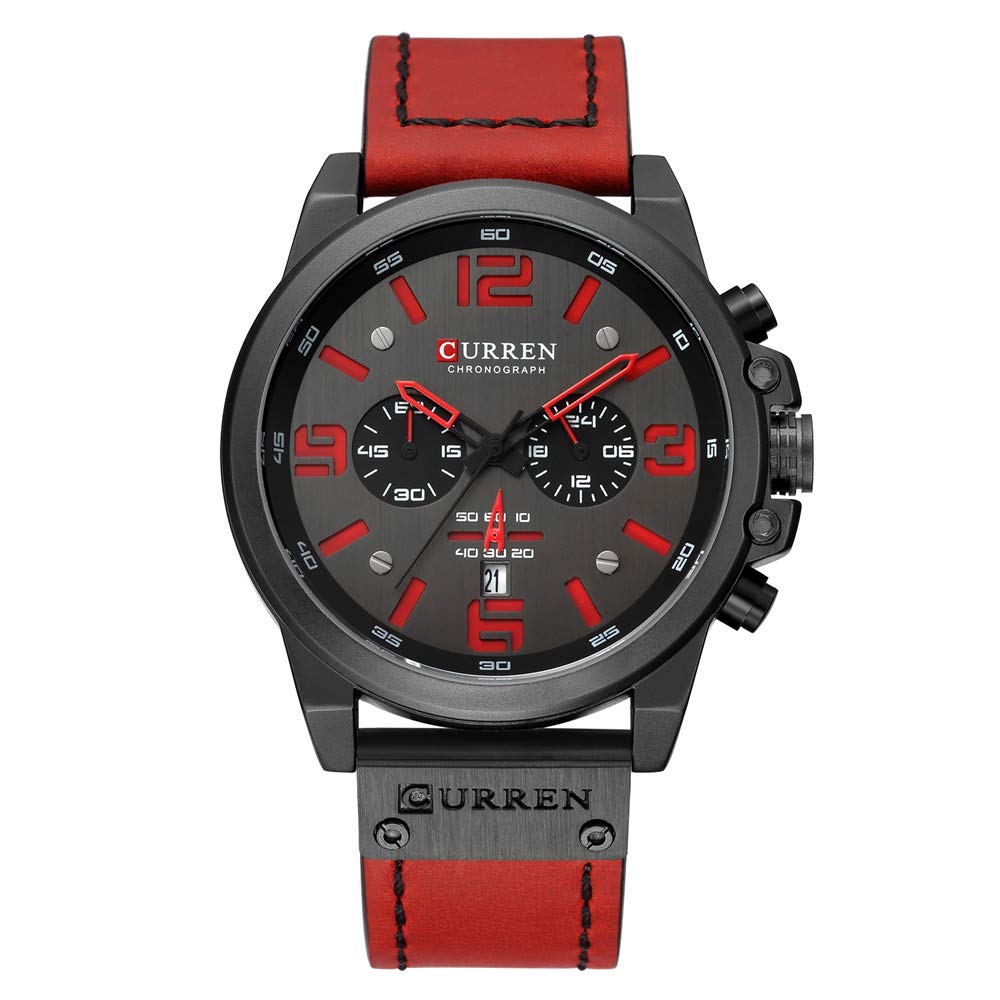 CURREN 8314 Men Japan Quartz Movement Watch Fashion&Casual Colorful Leather Band Business Watch Auto Date (Black RED)