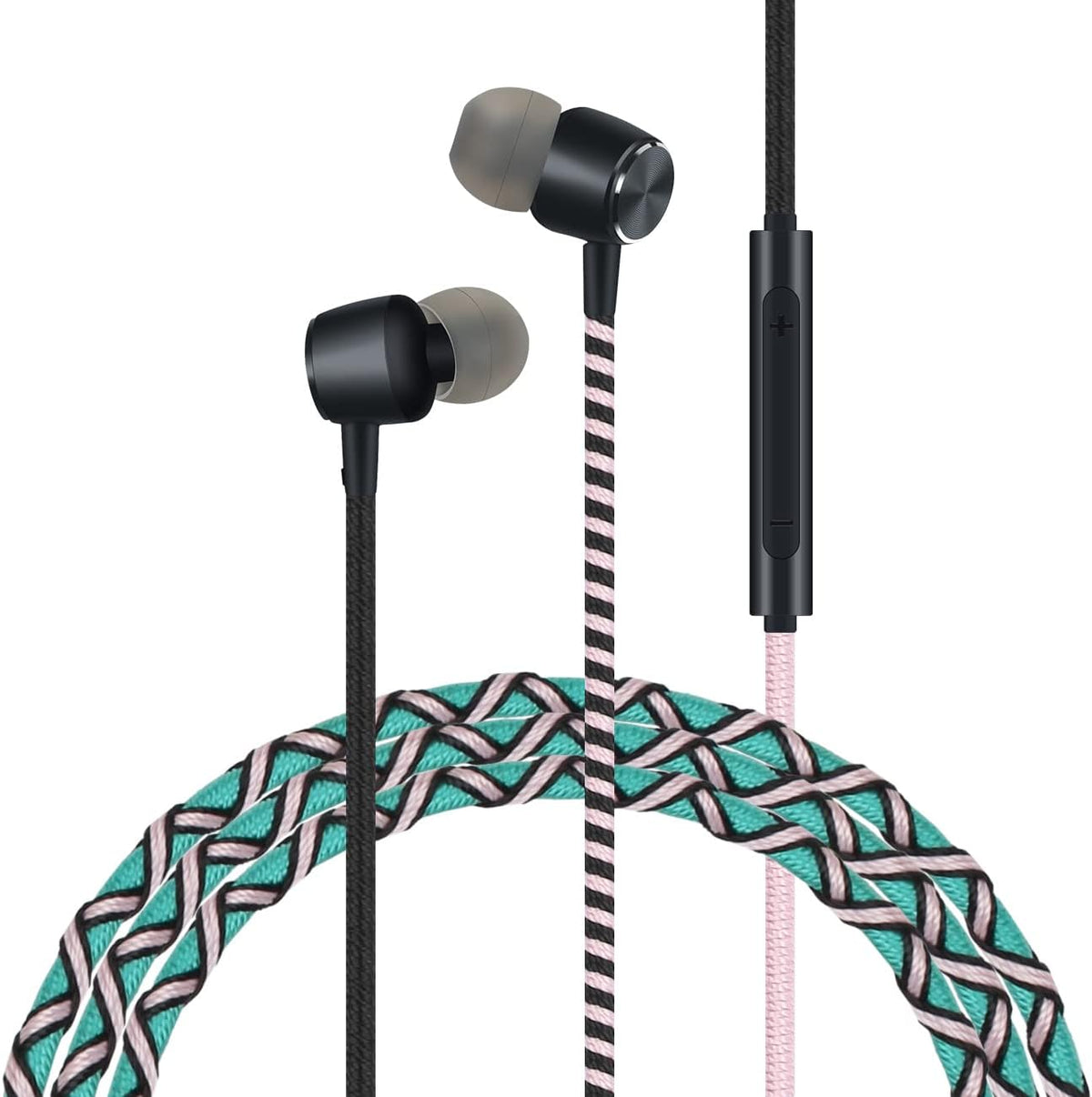 URIZONS 3.5mm Wired In-ear Earbuds Headphones with mic - Fabric Braided Tribe Thread Wrapped Rope Earphones with Microphone for iPhone Mac Laptop Tablets Travel Gym-Turquoise - Green