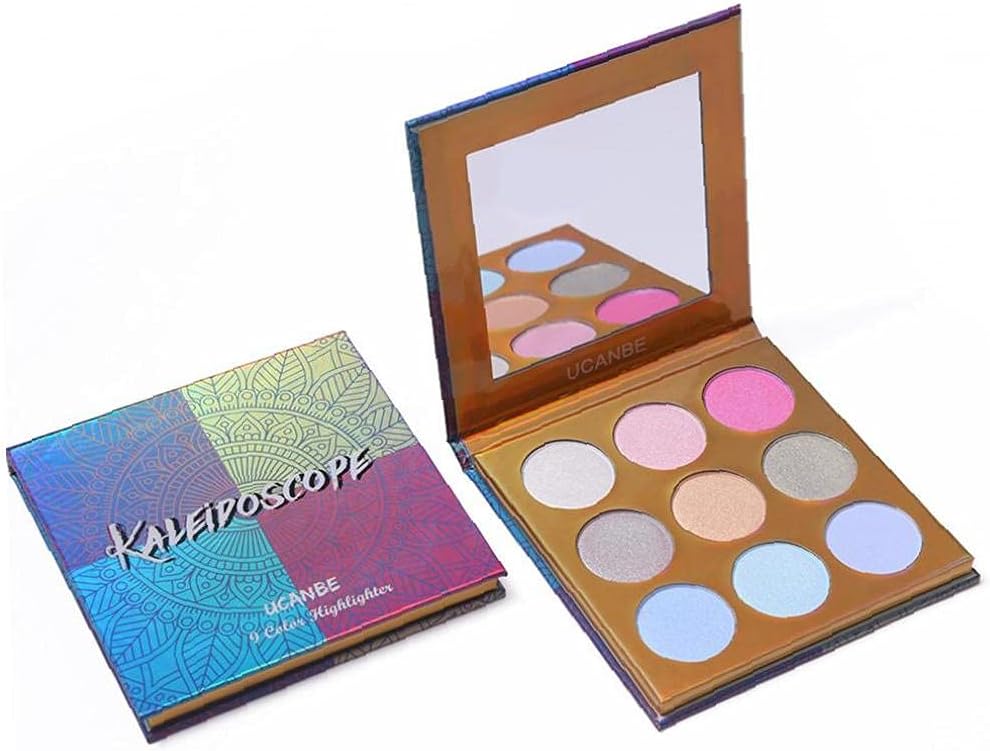 Holographic Highlighter Makeup Palette 9 Color Shimmer Eyeshadow Illuminating Glow Highlighting Metallic Bronzer Contour Cosmetics with Mirror Suitable for Women