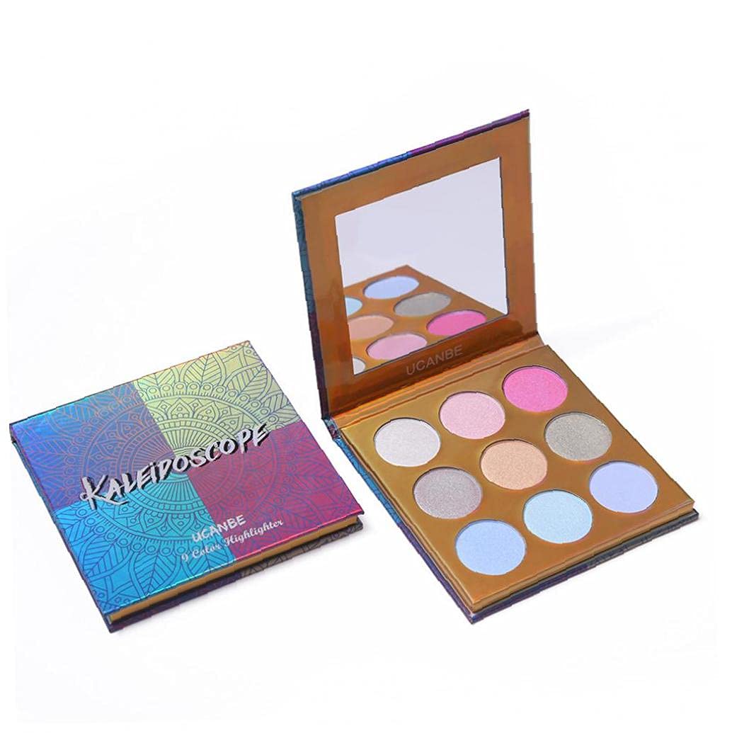 Holographic Highlighter Makeup Palette 9 Color Shimmer Eyeshadow Illuminating Glow Highlighting Metallic Bronzer Contour Cosmetics with Mirror Suitable for Women