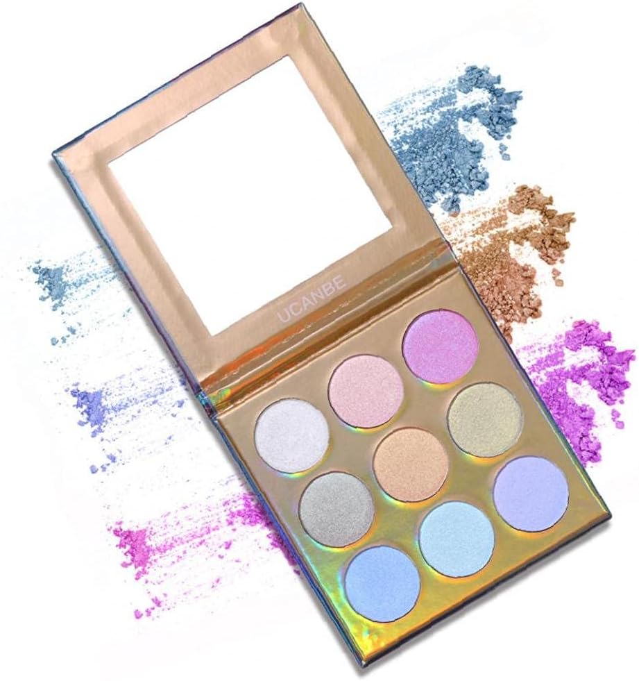 Holographic Highlighter Makeup Palette 9 Color Shimmer Eyeshadow Illuminating Glow Highlighting Metallic Bronzer Contour Cosmetics with Mirror Suitable for Women