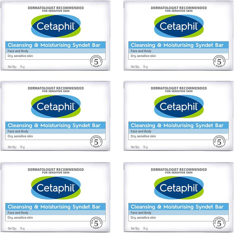 Cetaphil Cleansing & Moisturising Syndet Soap Bar, Pack of 6 - 75g