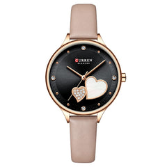 CURREN Women's Analogue Bracelet Watch, Dial with Hearts and Rhinestone Inlays, Extendable Faux Leather, Adjustable Buckle Clasp, Rosa, S, strip - Beige