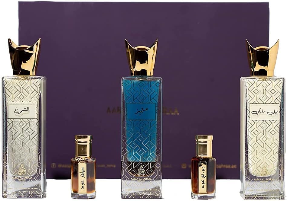 aabak al sahraa عبق الصحراء Non- coholic Perfumes and Tola Set of 5 - Leil Malaki, Mutamayez, Shoumoukh, Silver Oud Tola and Rawae' Oud Tola - Luxury Fragrances for both Men and Women