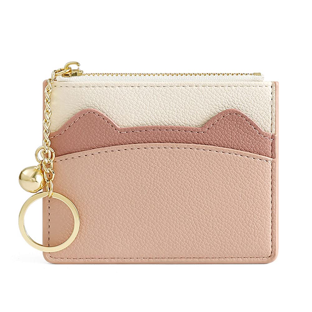 Valentoria Slim RFID Blocking Card Holder Small Pocket Wallet Keychian Zipper Coin Purse Minimalist Leather Cash & Coin & Cards Case for Women Men (Z2-Pink)