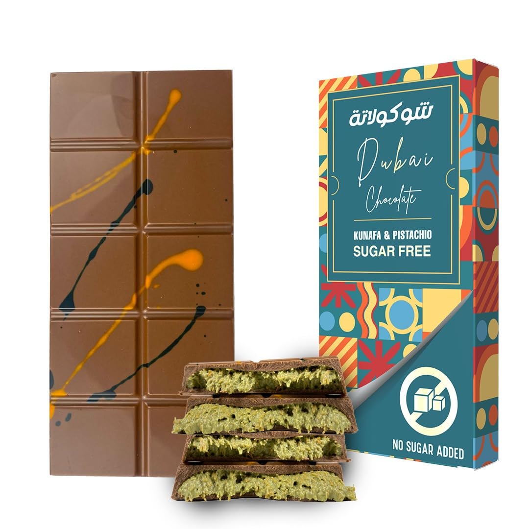 Le Damas Dubai Chocolate Kunafa & Pistachio Sugar-Free Milk Chocolate Bar NO added sugar