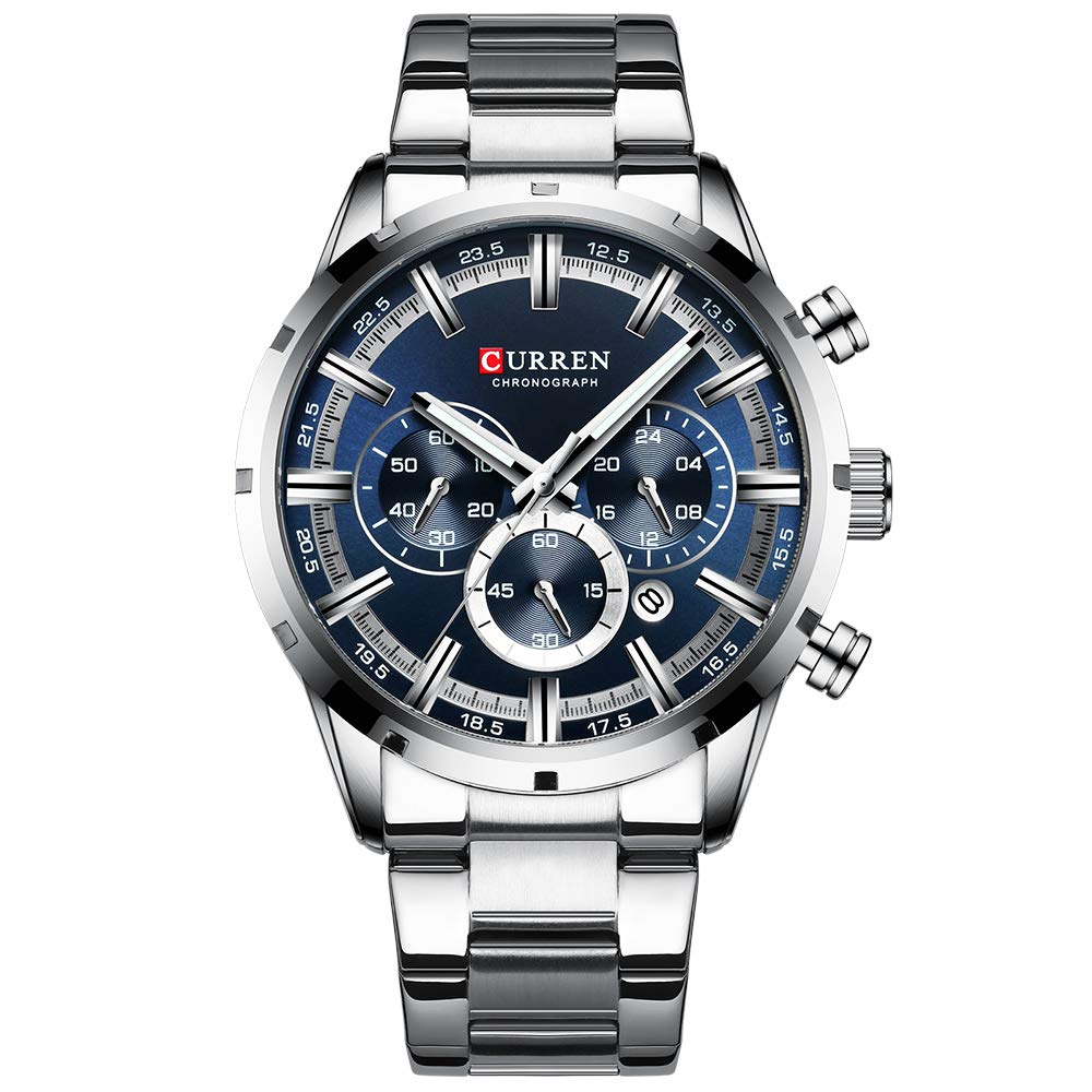 CURREN Herren-Armbanduhr Sport Quarz Chronograph Armbanduhr mit Leuchtzeigern Mode Edelstahl Uhr Datum - silver blue