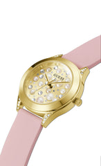 GUESS Ladies Trend Crystal 36mm Watch – Gold-Tone Stainless Steel Case Champagne Dial & Pink Silicone Strap
