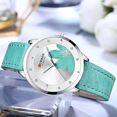 CURREN 9048 Top Brand Women Watch Quartz Watch Flower Pattern Dial Leather Strap Fashion Ladies Wristwatch - GREEN