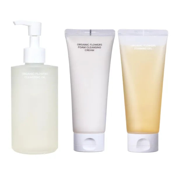 Whamisa Deep Purifying Cleanse Trio: Organic Flowers Cleansing Oil, Foam Cleansing Cream, and Foaming Gel Bundle