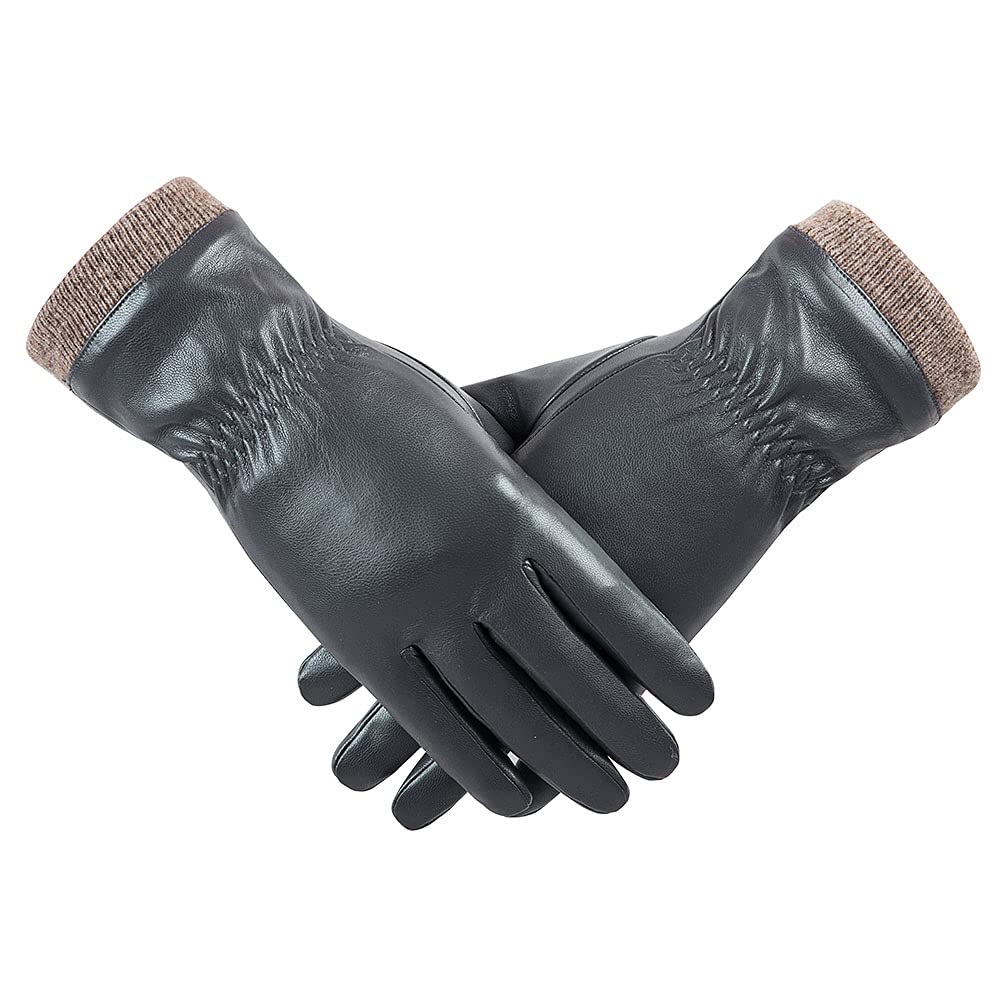 REDESS Winter Leather Gloves for Women, Wool Fleece Lined Warm Gloves, Touchscreen Texting Thick Thermal Snow Driving Gloves - Dark Grey