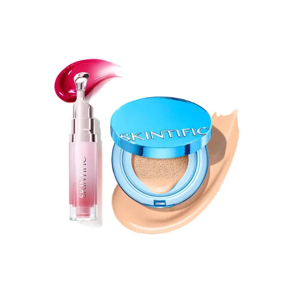 SKINTIFIC Velvet Matte Cushion Foundation #02 Ivory & Peptide Brightening Lip Serum #06 Cherry Red Set