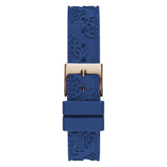 GUESS Ladies Sport Crystal Multifunction 36mm Watch – White Dial Rose Gold-Tone Stainless Steel Case with Blue Silicone Strap