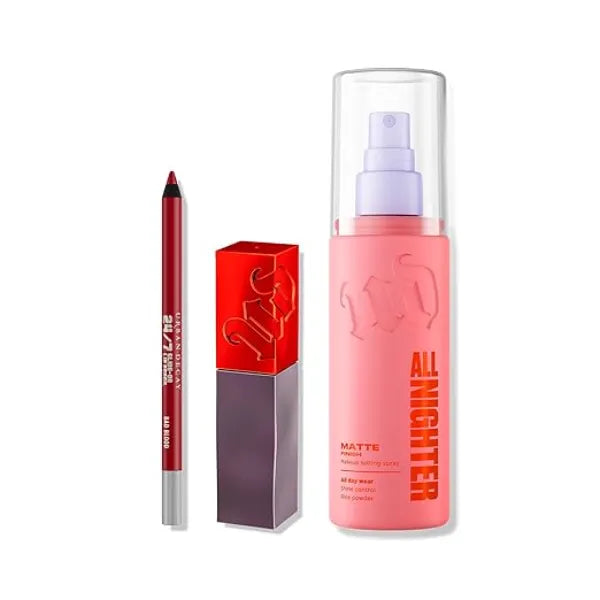 URBAN DECAY Glam Holiday Makeup Look (Cherry Merry 3Pc Bundle)  Makeup Set for Face + Lip All Nighter Matte Setting Spray, Glide On Waterproof Lip Pencil, Vice Lip Bond Longwear Liquid Lipstick