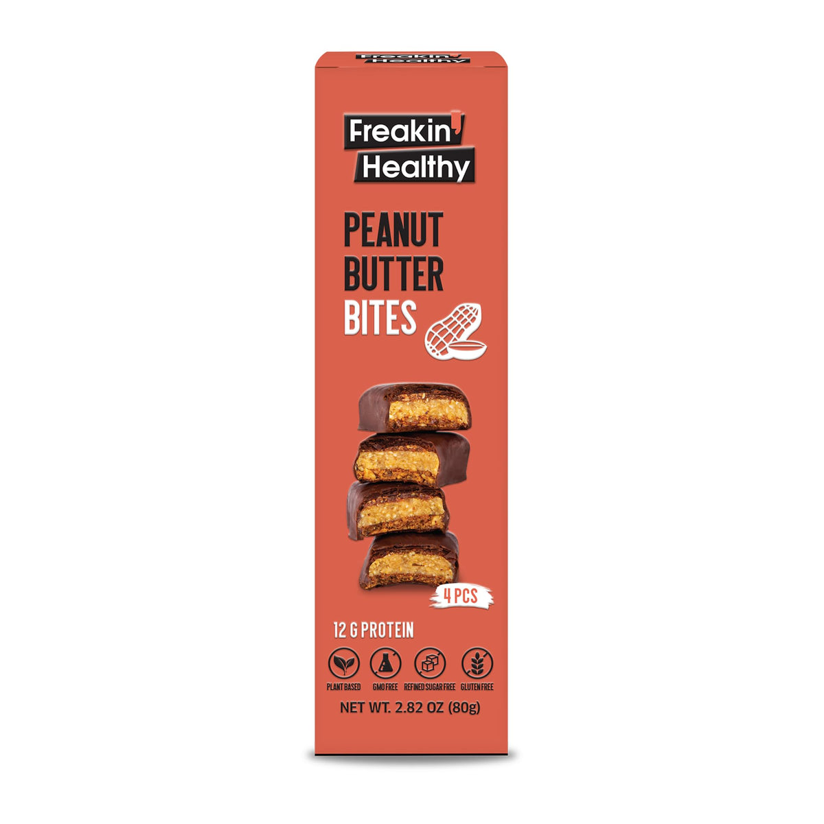 Freakin Healthy Peanut Butter Bites 80g – 4 Individually Wrapped Bites, Plant Based Nut Butter Snack with Raw Chocolate, Grab & Go