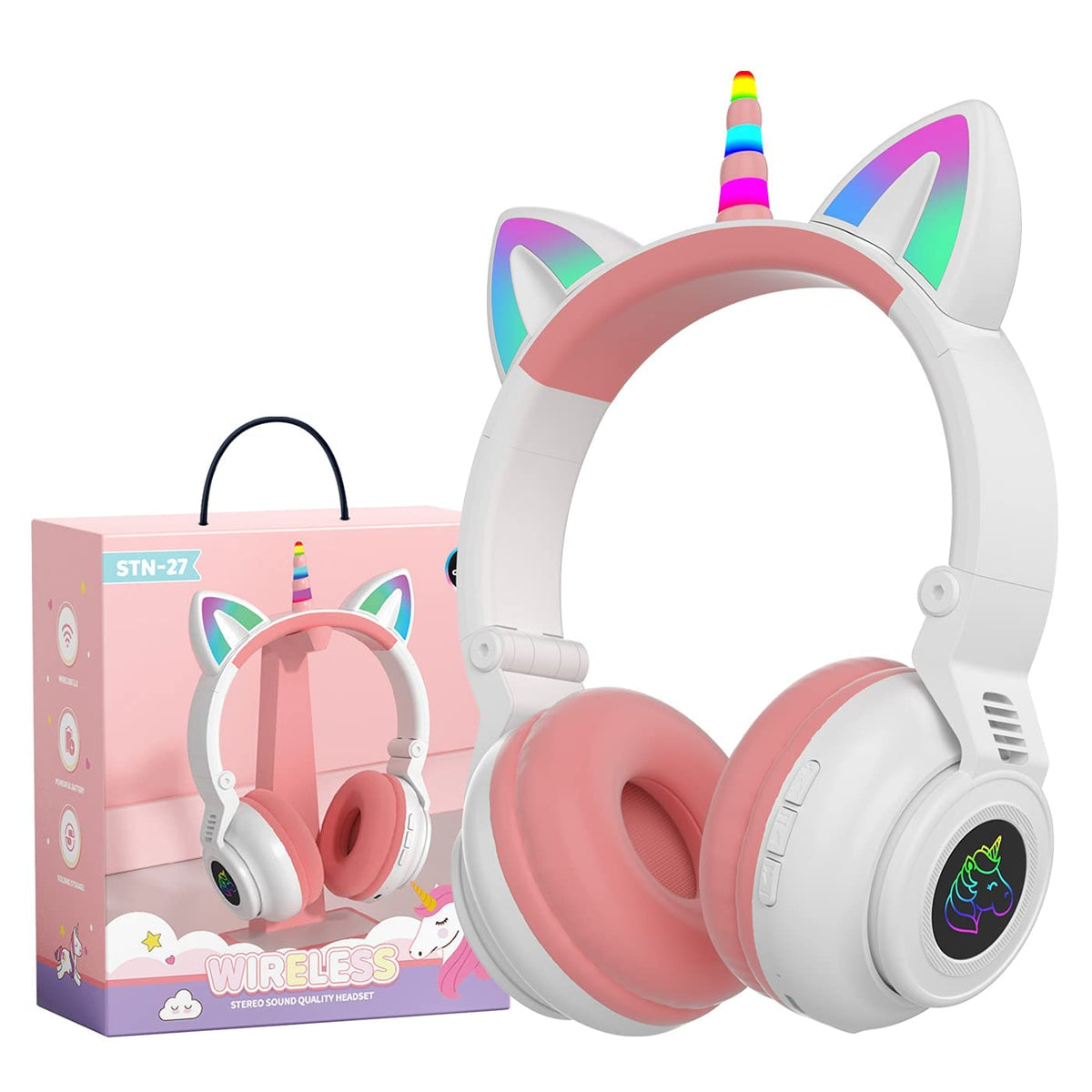 KASTWAVE Unicorn Headphones, Wireless, Bluetooth, Wired Foldable Headphones Stero with Microphone and Volume Control Light Up for PC/Cell Phones/TV/iPad, Boys Girls Kids (white)