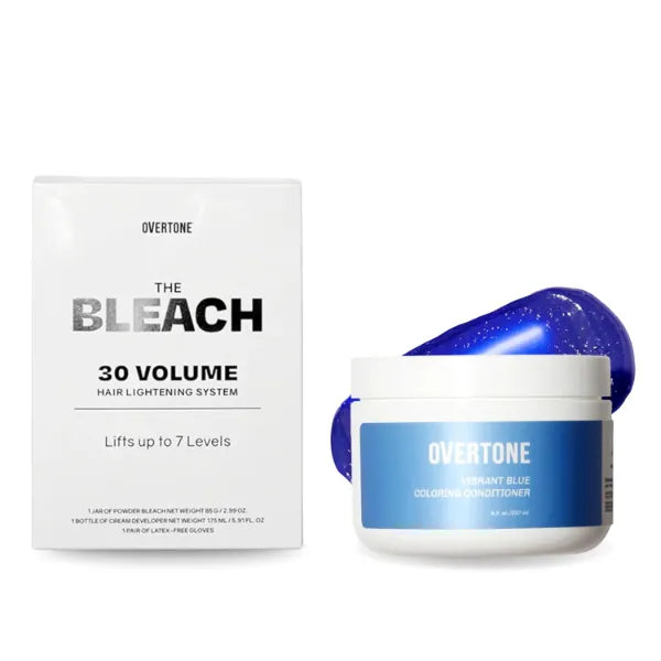 Overtone Color Depositing Semi-Permanent Hair Dye Conditioner - 8 oz For Natural & Color-Treated Hair, The Bleach 30 Volume Hair Lightening Kit - Professional-Grade Included - Vibrant Blue