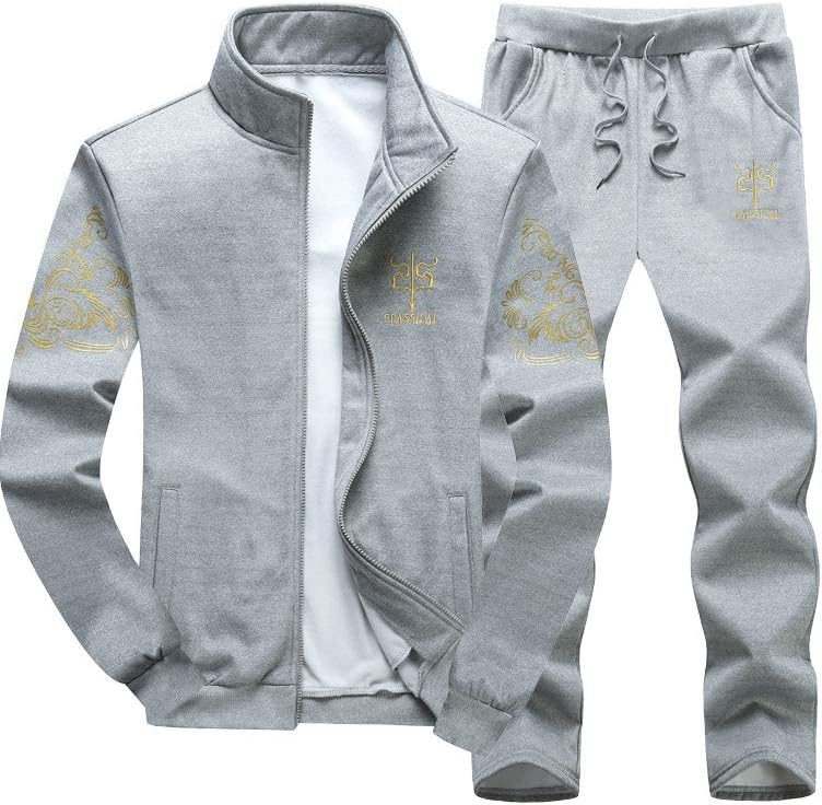 PASOK Men's Casual Tracksuit Full Zip Running Jogging Athletic Sports Jacket and Pants Set -Gray