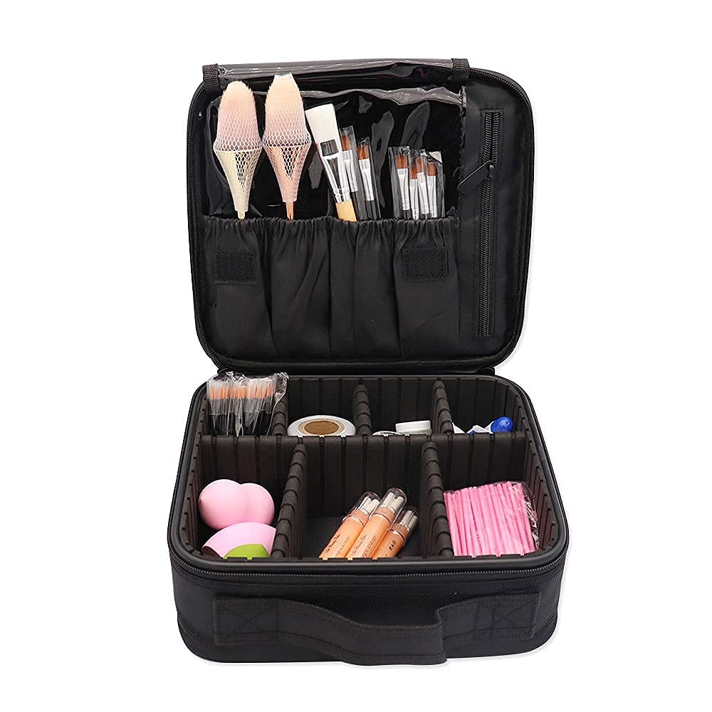 ORiTi Makeup Case Travel Makeup Bag Portable Train Cosmetic Case Organizer with Adjustable Dividers for Cosmetics Makeup Brushes Toiletry Jewelry Digital Accessories Holder Storage Box Black