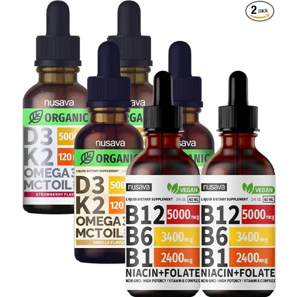 NUSAVA Vitamin B12 Liquid Drops Bundle, Strawberry Flavored D3 K2, & Vanilla Flavored D3 K2 Potent Liquid Vitamins for Heart, Energy, Brain & Immune Support Non GMO, Gluten Free, 2pk Each