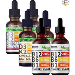 NUSAVA Vitamin B12 Liquid Drops Bundle, Strawberry Flavored D3 K2, & Vanilla Flavored D3 K2 Potent Liquid Vitamins for Heart, Energy, Brain & Immune Support Non GMO, Gluten Free, 2pk Each