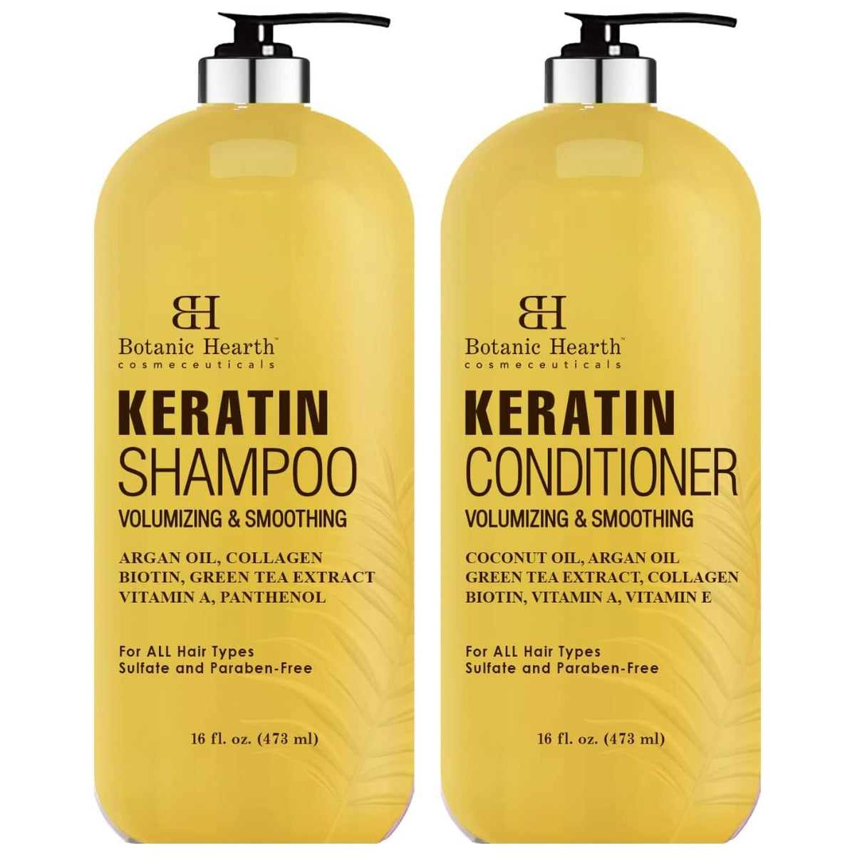 Botanic Hearth Keratin Shampoo and Conditioner Sulfate Free Set - Volumizing & Smoothing - with Argan Oil, Collagen & Biotin, Restores Dry, Dull & Damaged Hair to Natural Shine & Luster, 16 fl oz each