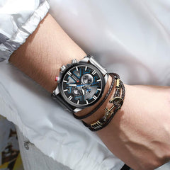 CURREN Mens Watches Luxury Chronograph Big Dial Male Watch Wrist Leather Waterproof Sport Army Military - silver black