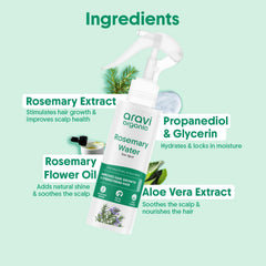 Aravi Organic Rosemary Water Spray For Hair Growth - Reducing Hair Fall, Strengthens & Breakage - Promotes Healthy Follicles and Thicker Hair - For Men & Women - Fragrance-Free -100 ml