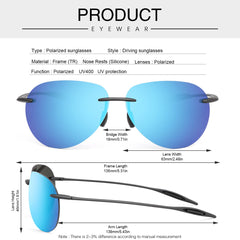 Polarized Sunglasses for Men Women Rimless Frame Driving Glasses UV400 Protection Mirror Lens Shades Sport Eyewear Eyeglasses