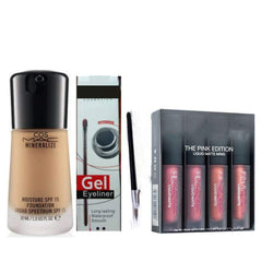 Professioal Combo Kit Mineralize Moisture Spf 15 Foundation With Gel Eyeliner Waterproof Long Lasting And The Pink Edition Lipstick For Protective Stay All Day (Set Of 3) Combo.