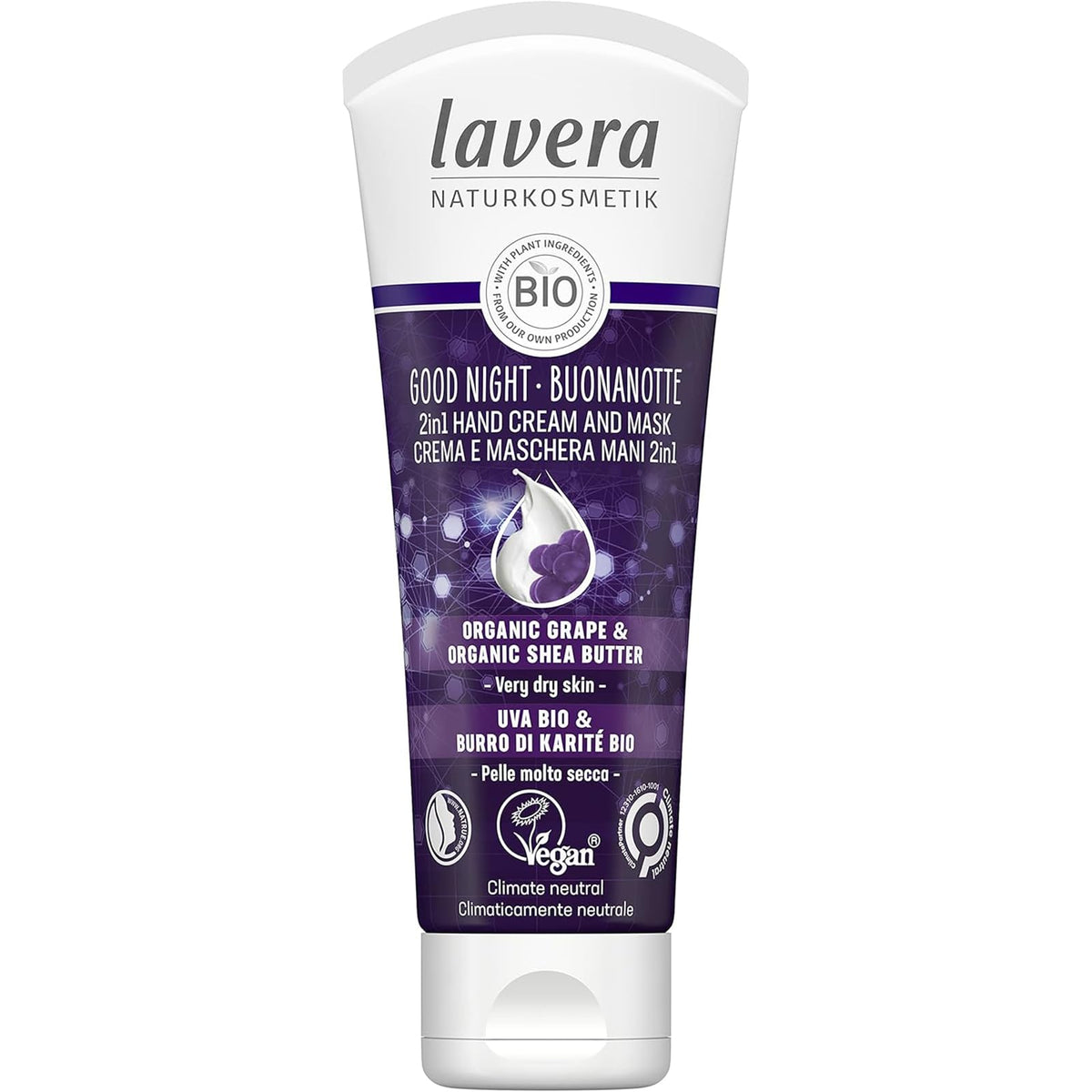 Lavera Good Night 2in1 Hand Cream and Mask - natural cosmetics - vegan - certified - organic grape & organic shea butter - 75ml, white