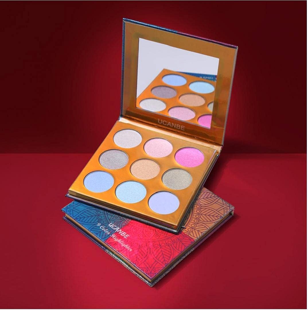 Holographic Highlighter Makeup Palette 9 Color Shimmer Eyeshadow Illuminating Glow Highlighting Metallic Bronzer Contour Cosmetics with Mirror Suitable for Women