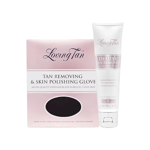 Loving Tan Deluxe Tan Remover Gel + Reusable Self Tanner Removing & Skin Polishing Glove Effective & Gentle Self Tanning Remover for All Skin Types  Sulphate, Paraben & PEG Free 3.3 FlOz